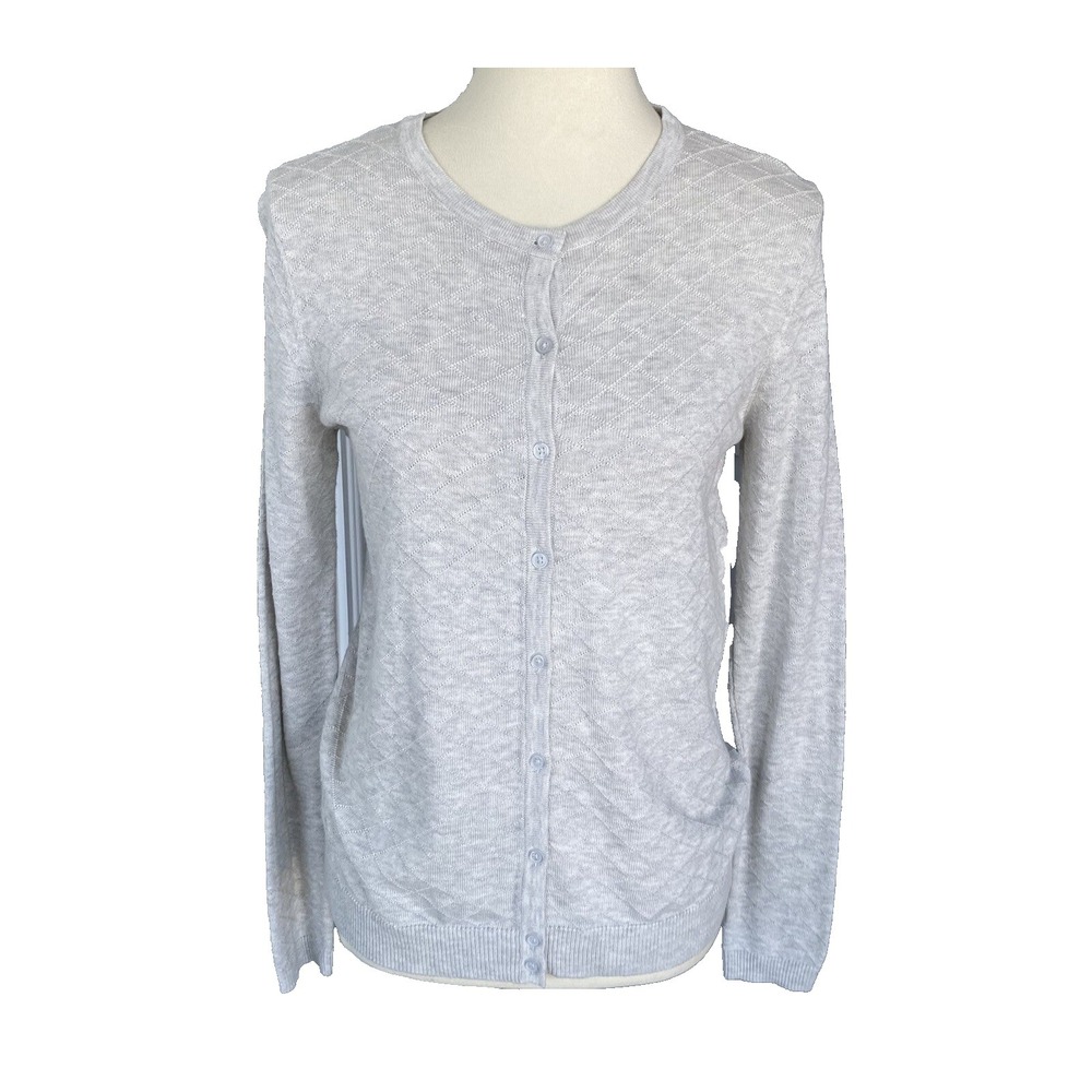 Hilary Radley Women Sweater Small Knit Cardigan Button Grey Cotton  Long Sleeve